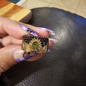 Sunflower Design Sterling Silver Ring with Green and Gold Accents